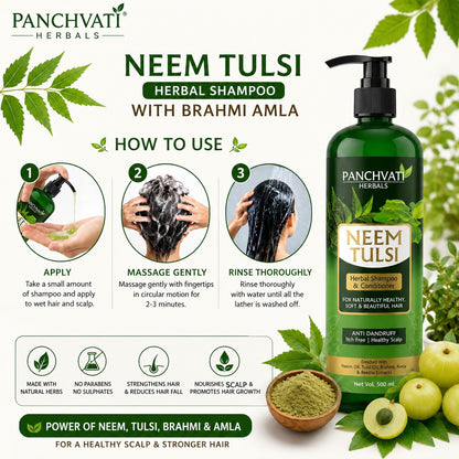 Panchvati Herbals Neem & Tulsi Herbal Shampoo with Conditioner | Anti-Dandruff | For Soft, Smooth & Healthy Hair | 500 ml