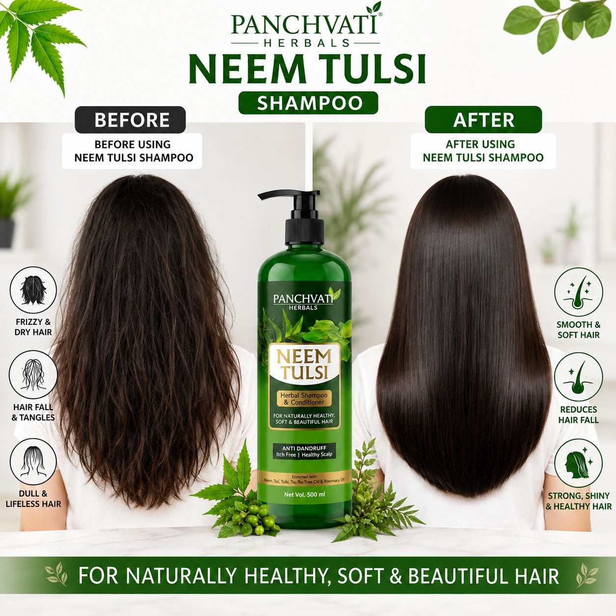 Panchvati Herbals Neem & Tulsi Herbal Shampoo with Conditioner | Anti-Dandruff | For Soft, Smooth & Healthy Hair | 500 ml