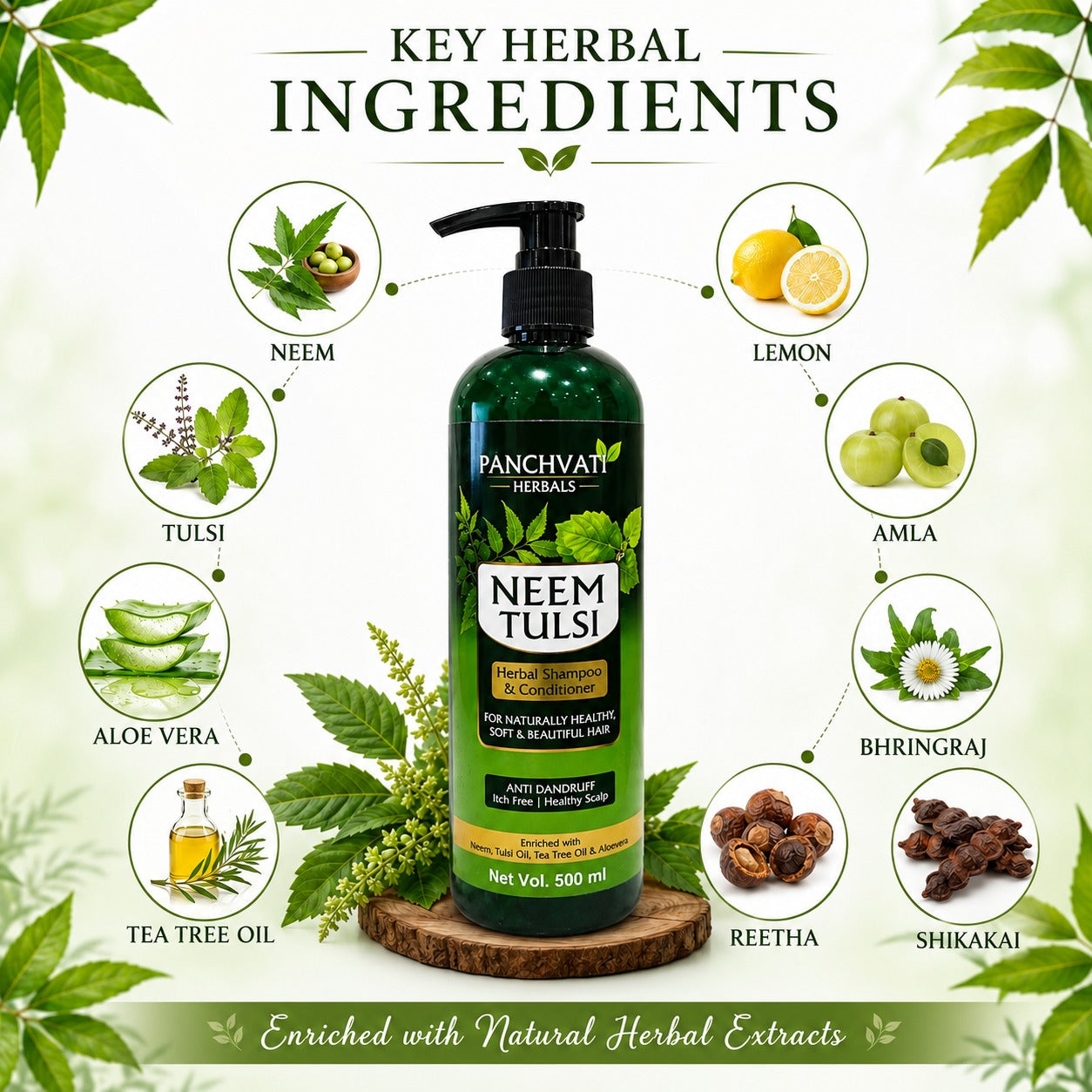 Panchvati Herbals Neem & Tulsi Herbal Shampoo with Conditioner | Anti-Dandruff | For Soft, Smooth & Healthy Hair | 500 ml