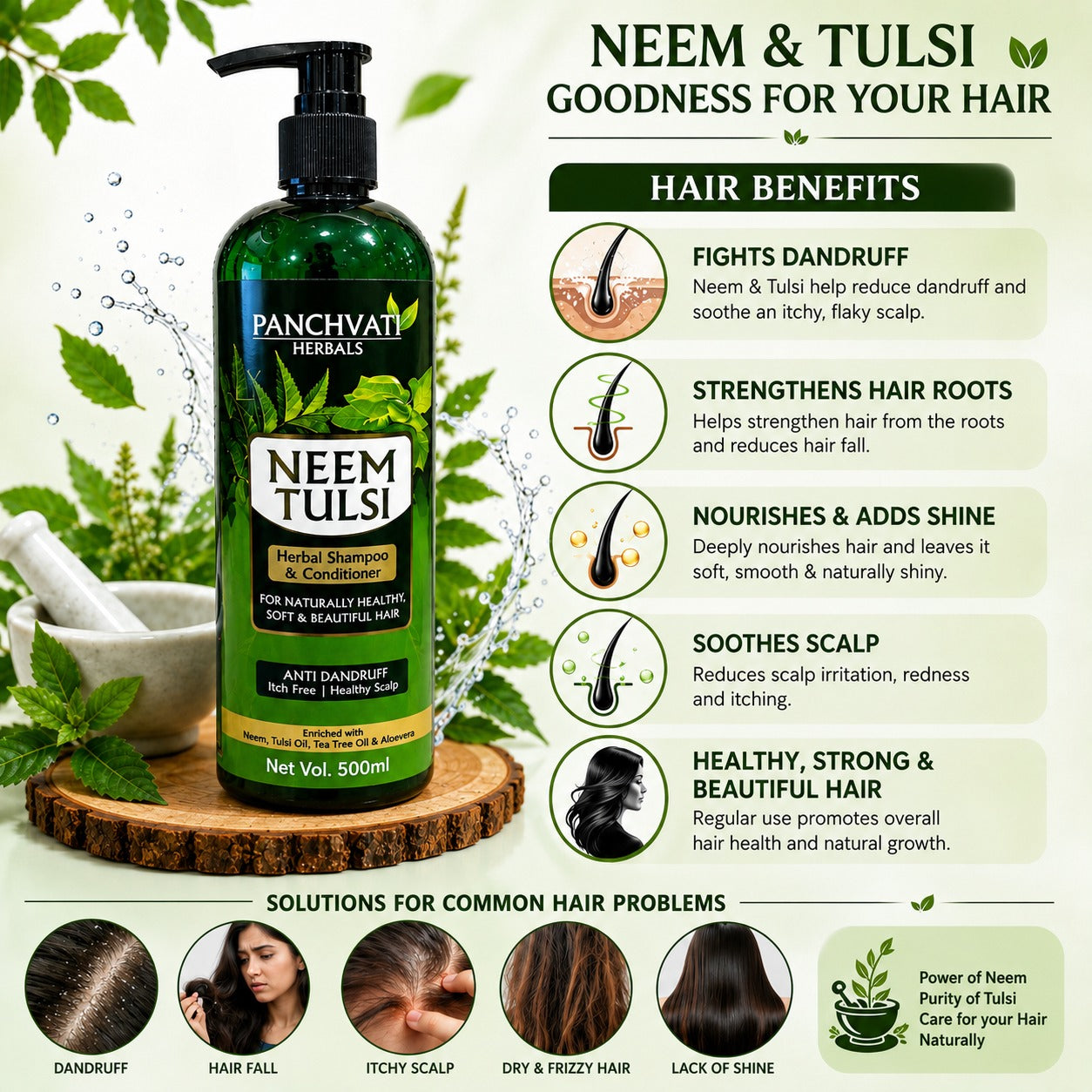 Panchvati Herbals Neem & Tulsi Herbal Shampoo with Conditioner | Anti-Dandruff | For Soft, Smooth & Healthy Hair | 500 ml