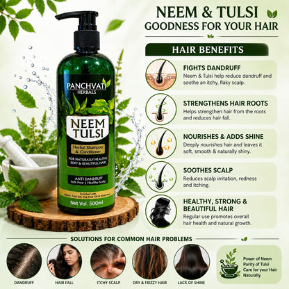 Panchvati Herbals Neem & Tulsi Herbal Shampoo with Conditioner | Anti-Dandruff | For Soft, Smooth & Healthy Hair | 500 ml
