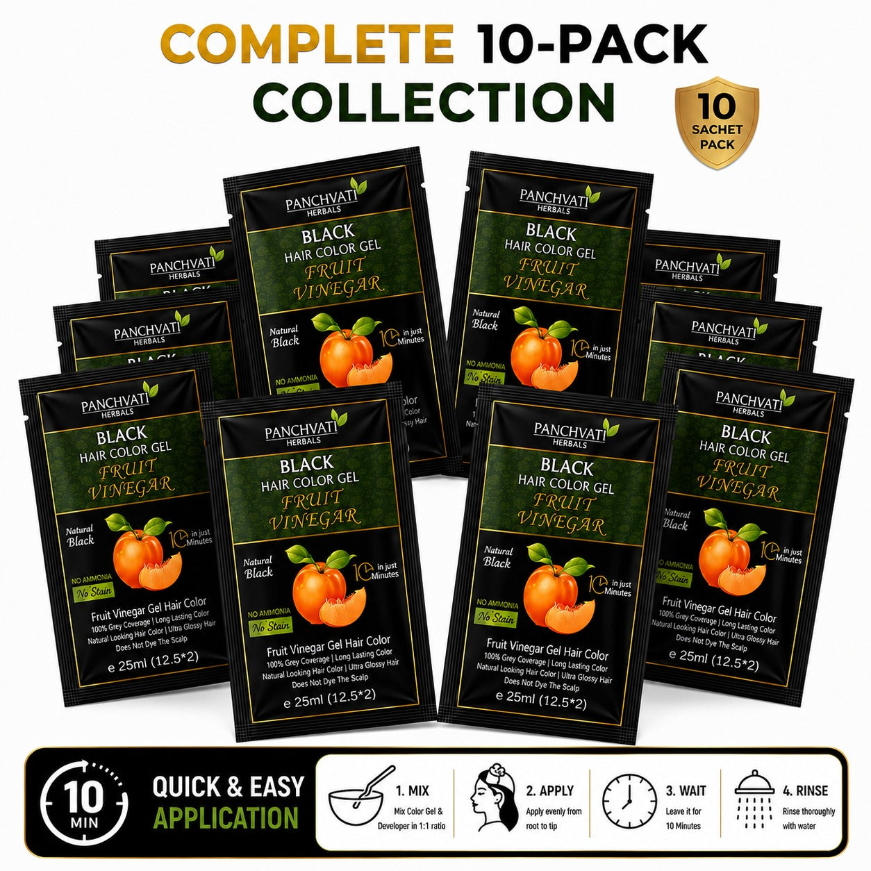 Panchvati Herbals Fruit Vinegar Black Hair Color Gel | Natural Looking Hair Color | No Ammonia | 10 Minute Hair Color | 25ml x 10 Sachets