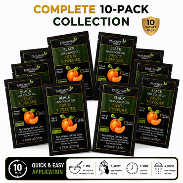 Panchvati Herbals Fruit Vinegar Black Hair Color Gel | Natural Looking Hair Color | No Ammonia | 10 Minute Hair Color | 25ml x 10 Sachets