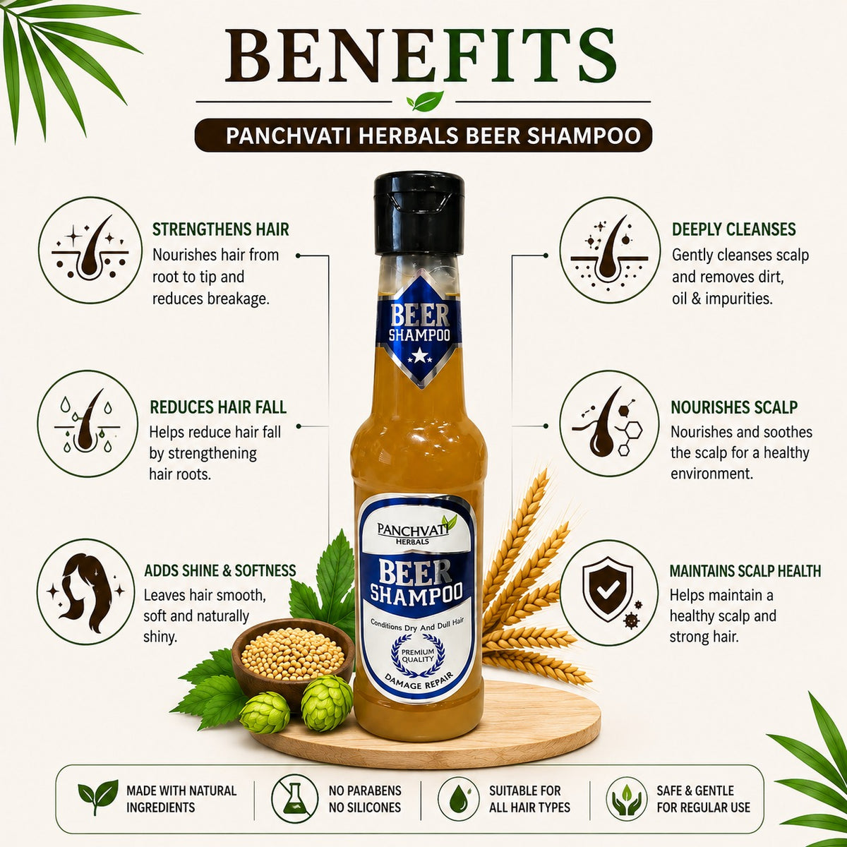 Panchvati Herbals Beer Shampoo for Dry & Dull Hair, 180 ml Each, Pack of 2 (Total 360 ml)