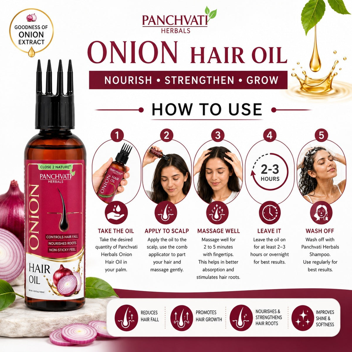 Panchvati Herbals Onion Hair Oil for Hair Fall Control & Hair Damage Care | For Men & Women | Pack of 2 | 100 ml Each | Total 200 ml