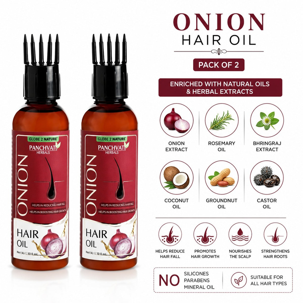 Panchvati Herbals Onion Hair Oil for Hair Fall Control & Hair Damage Care | For Men & Women | Pack of 2 | 100 ml Each | Total 200 ml
