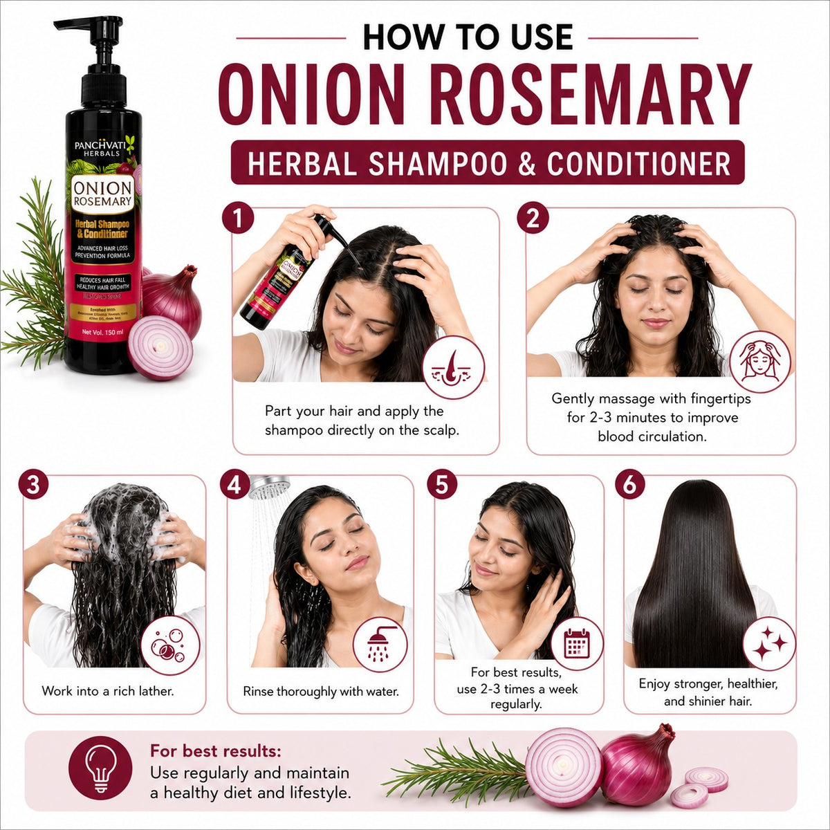 Panchvati Herbals Onion Rosemary Herbal Shampoo & Conditioner, 150 ml Each, Pack of 2 (Total 300 ml)