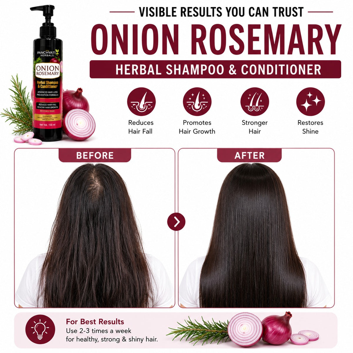 Panchvati Herbals Onion Rosemary Herbal Shampoo & Conditioner, 150 ml Each, Pack of 2 (Total 300 ml)