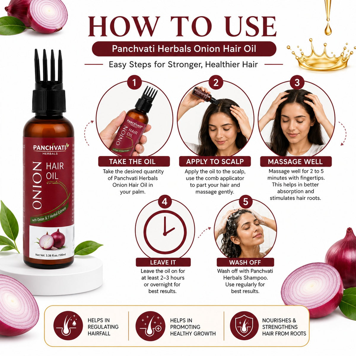 Panchvati Herbals Onion Hair Oil for Hair Fall Control & Hair Growth, 100 ml Each, Pack of 2
