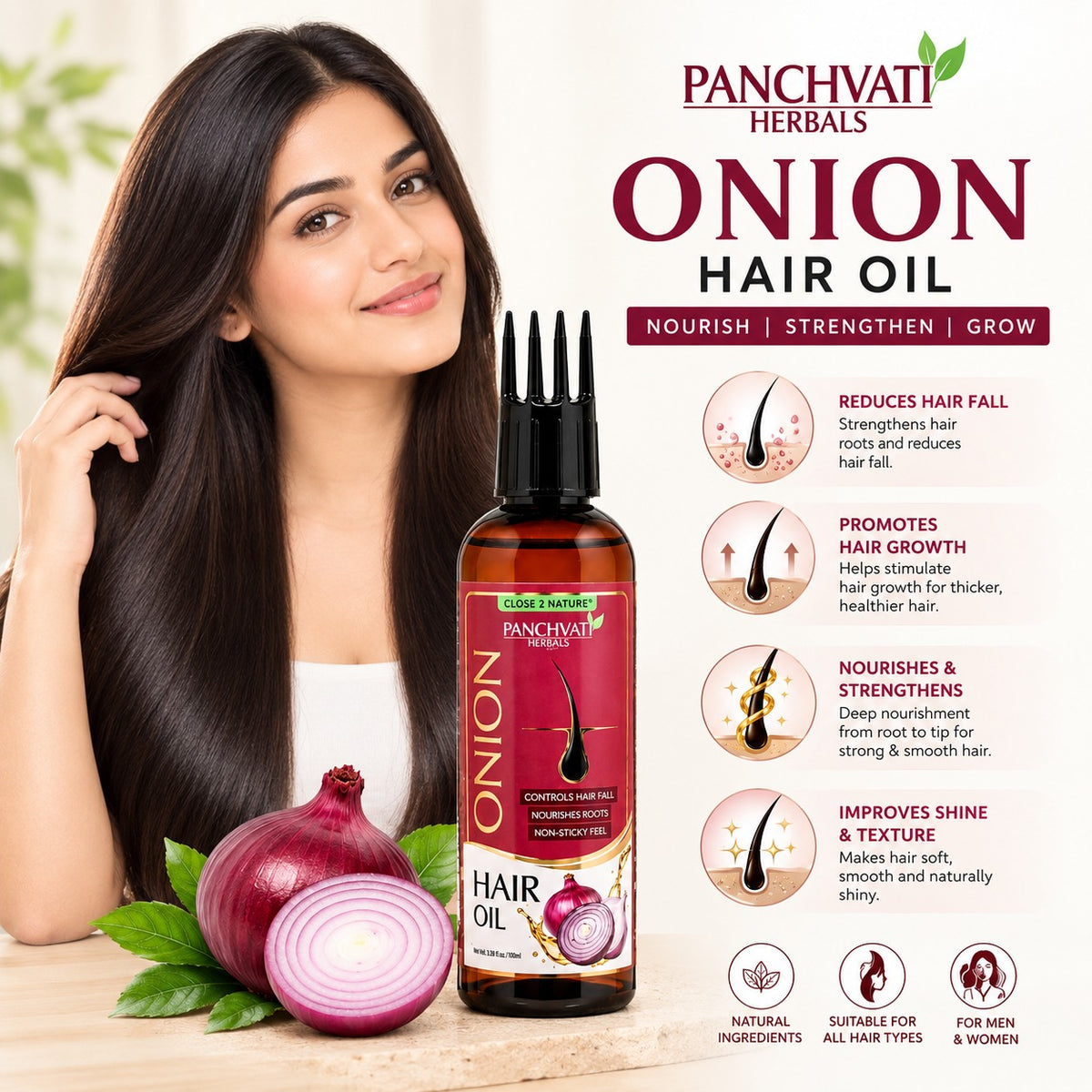 Panchvati Herbals Onion Hair Oil for Hair Fall Control & Hair Growth, 100 ml Each, Pack of 2