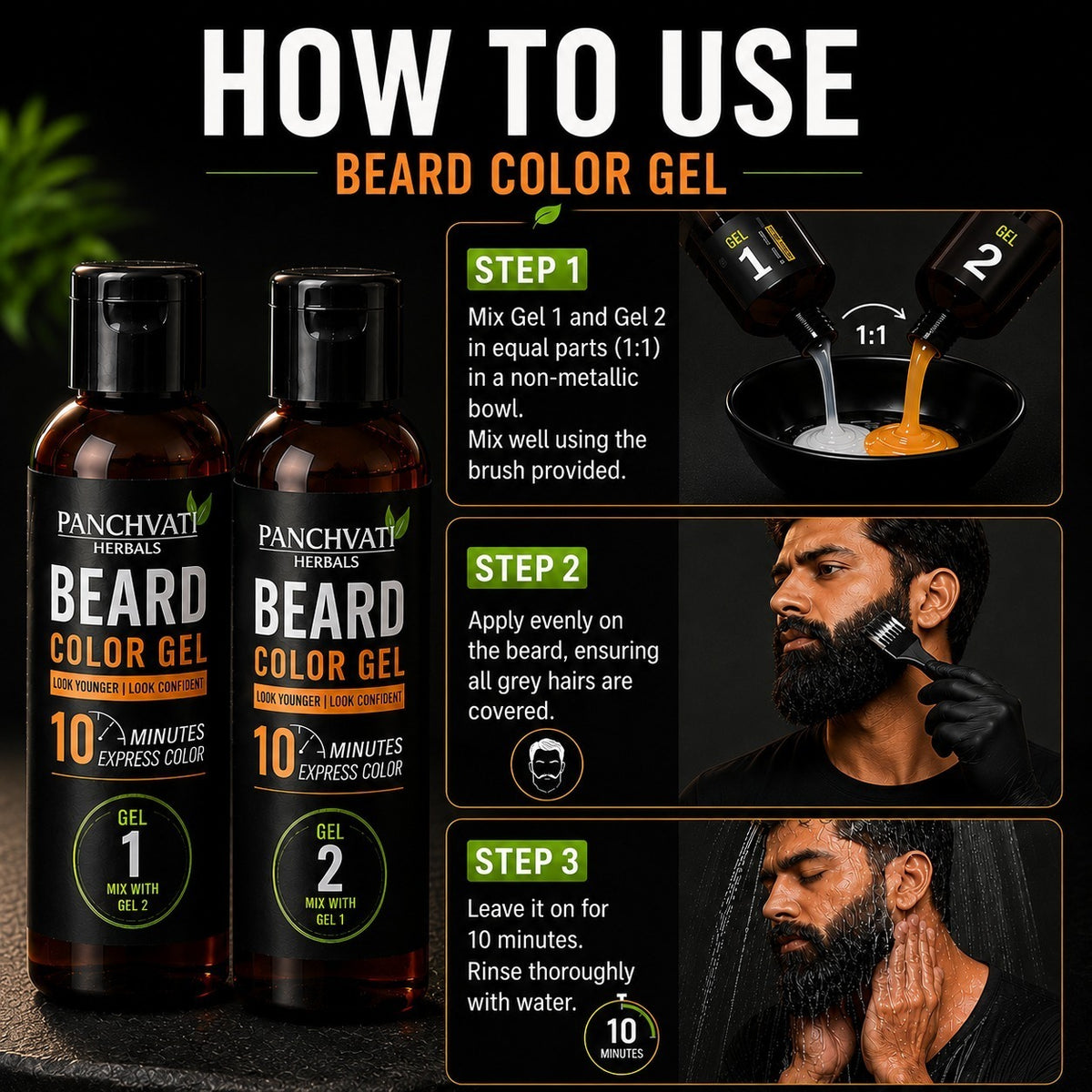Panchvati Herbals Beard Color Gel for Men, Natural Black, 10-Minute Express Color, 100 ml Each, Pack of 2, Total 200 ml